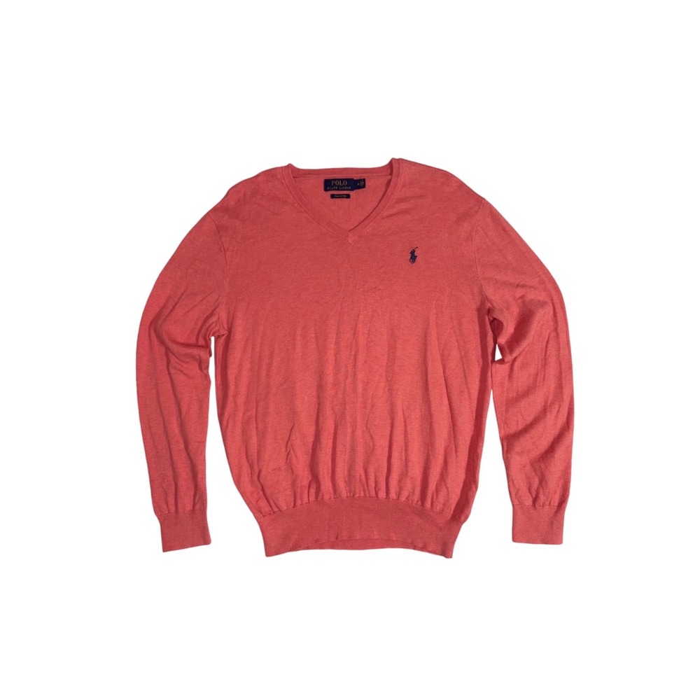 POLO‎ RALPH LAUREN V-Neck Sweater Mens Medium Coral Pima Cotton Pony Logo